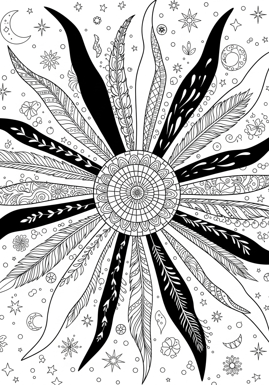 Desenho Aesthetic de folhas e estrelas para colorir