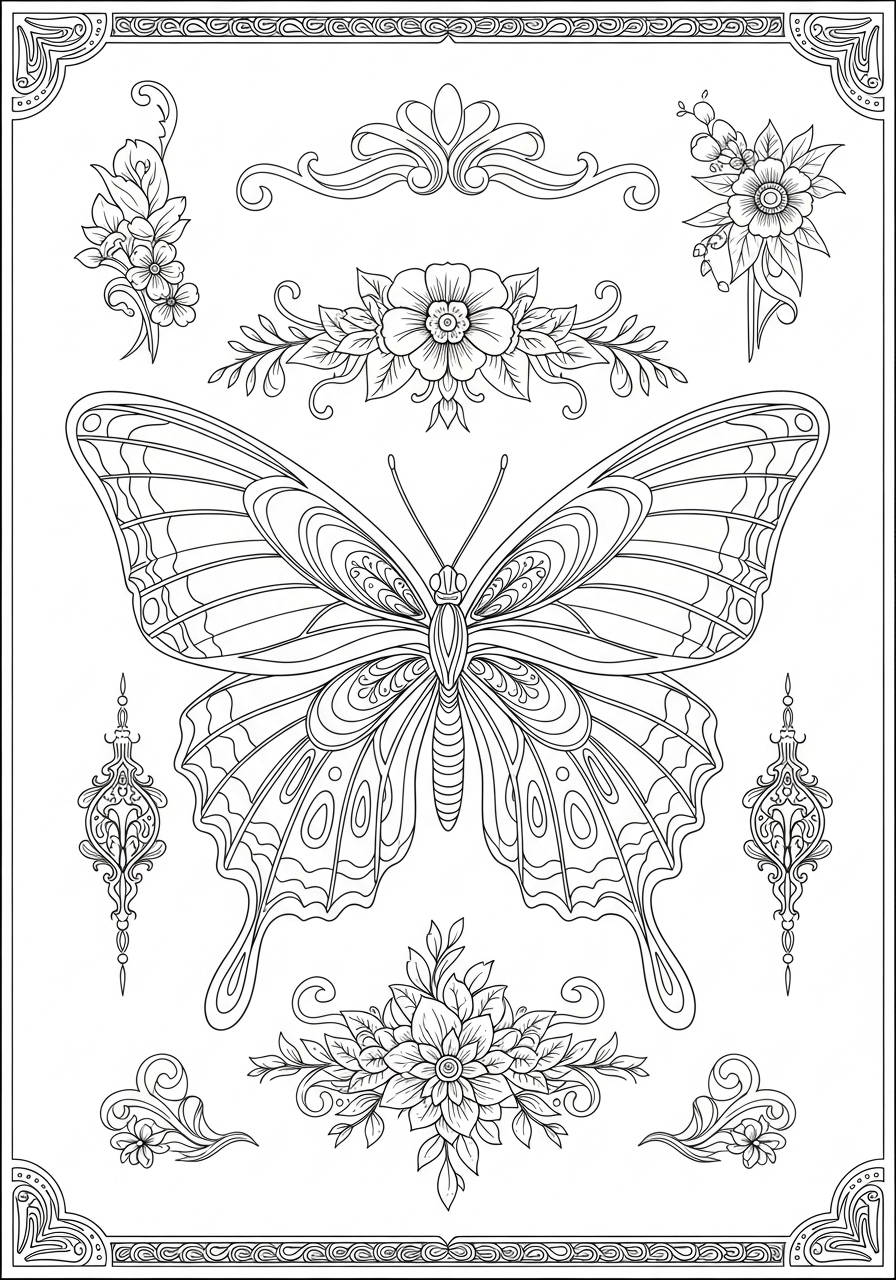 Desenho Aesthetic de uma borboleta com flores para colorir
