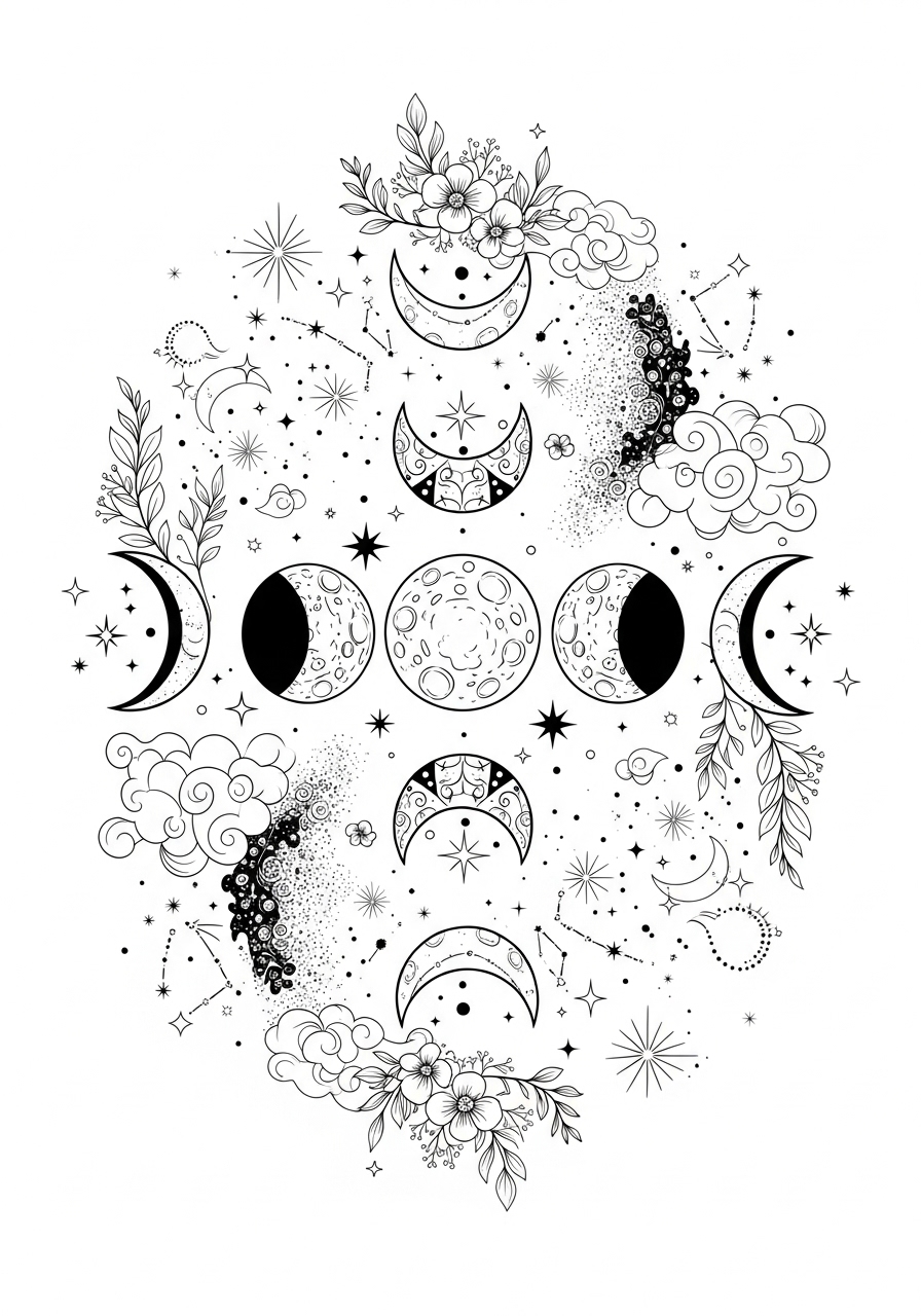 Desenho Aesthetic de luas nuvens e estrelas para colorir