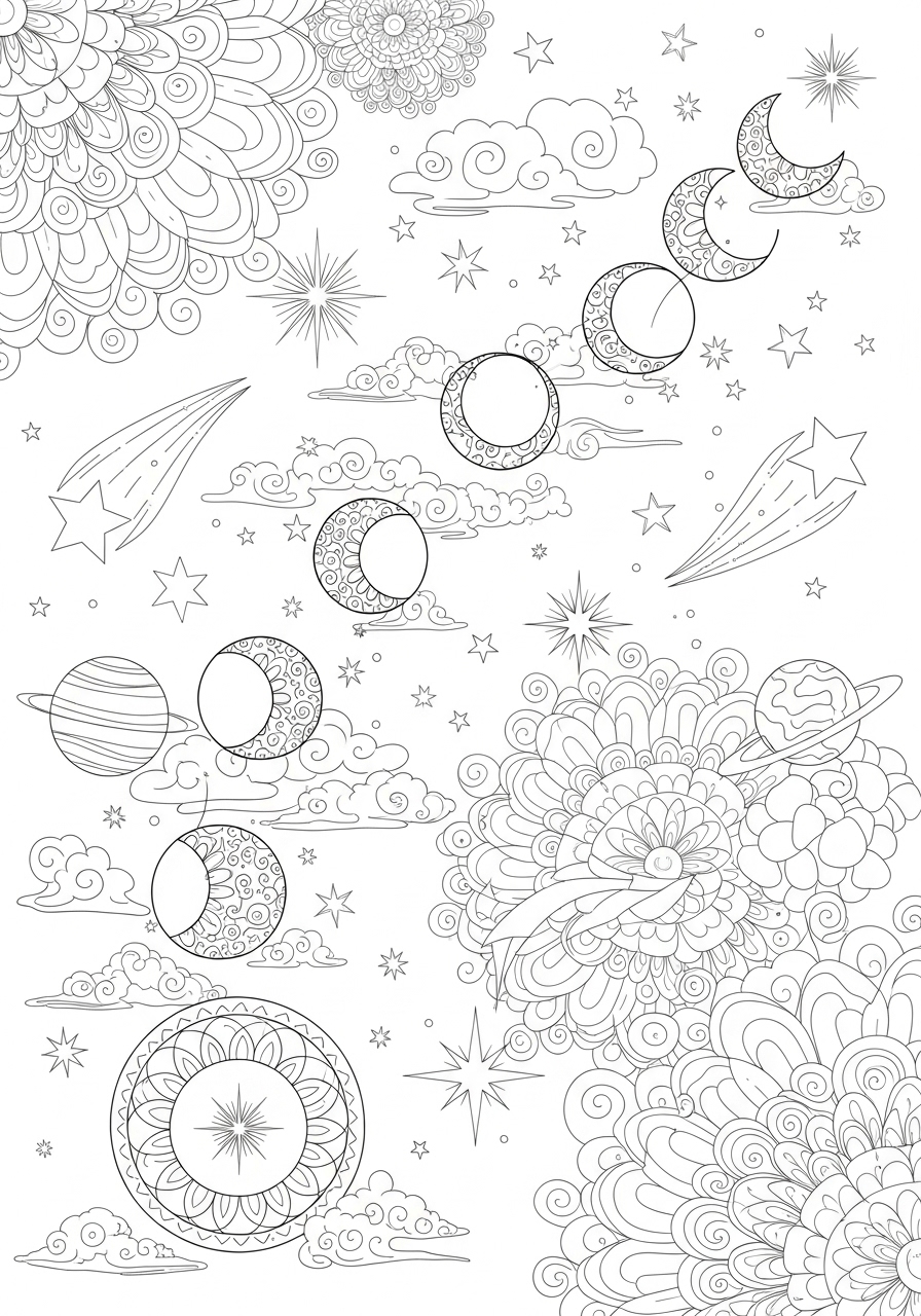 Desenho Aesthetic de planetas e estrelas para colorir