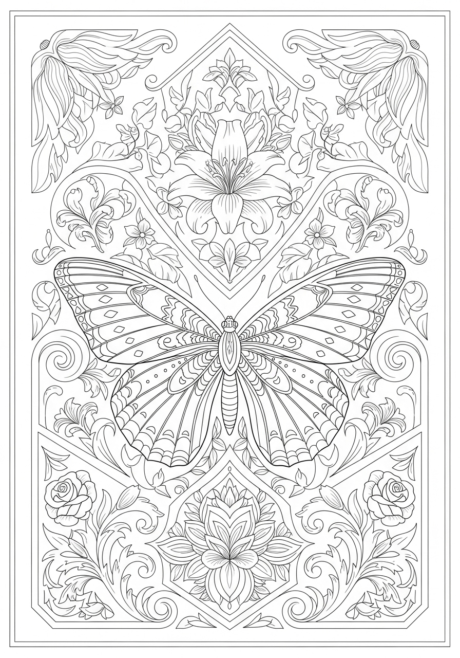 Desenho Aesthetic de uma borboleta e flores para colorir