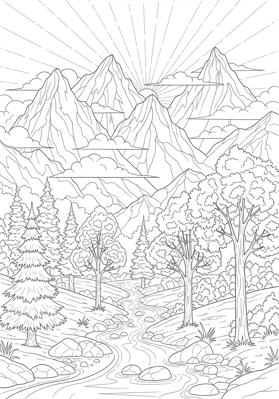 Desenho Aesthetic de montanhas e árvores para colorir