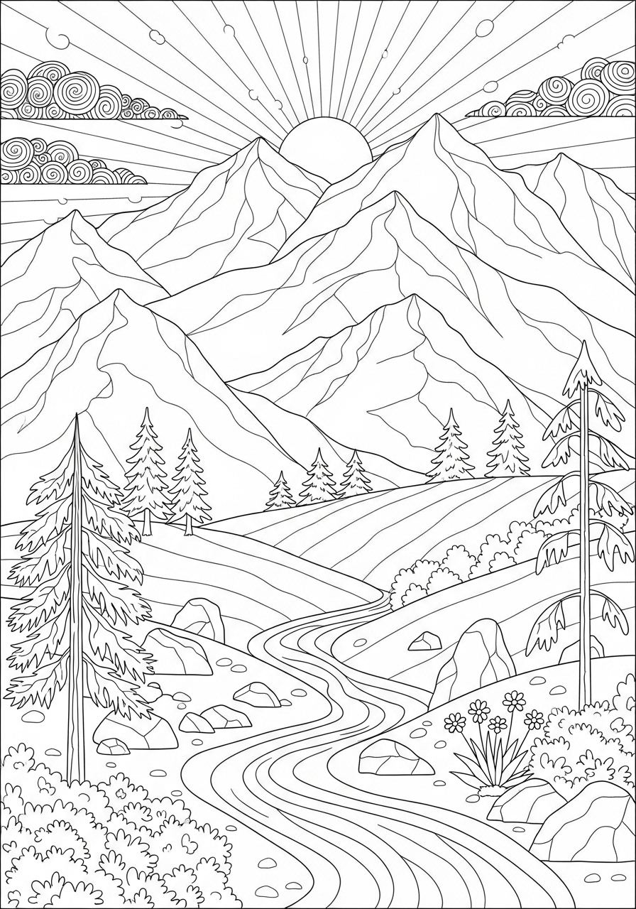 Desenho Aesthetic de montanhas e rio para colorir