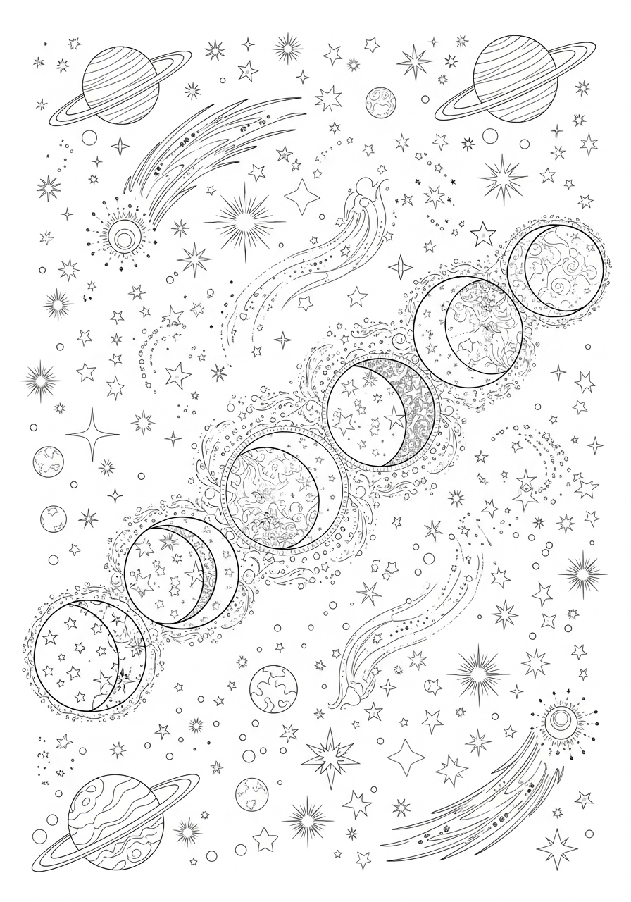 Desenho Aesthetic de espaço com planetas estrelas e cometas para colorir