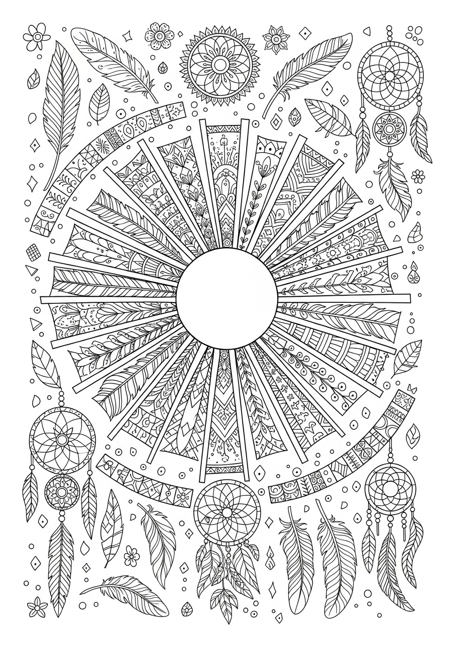 Desenho Aesthetic de mandala com penas e elementos florais