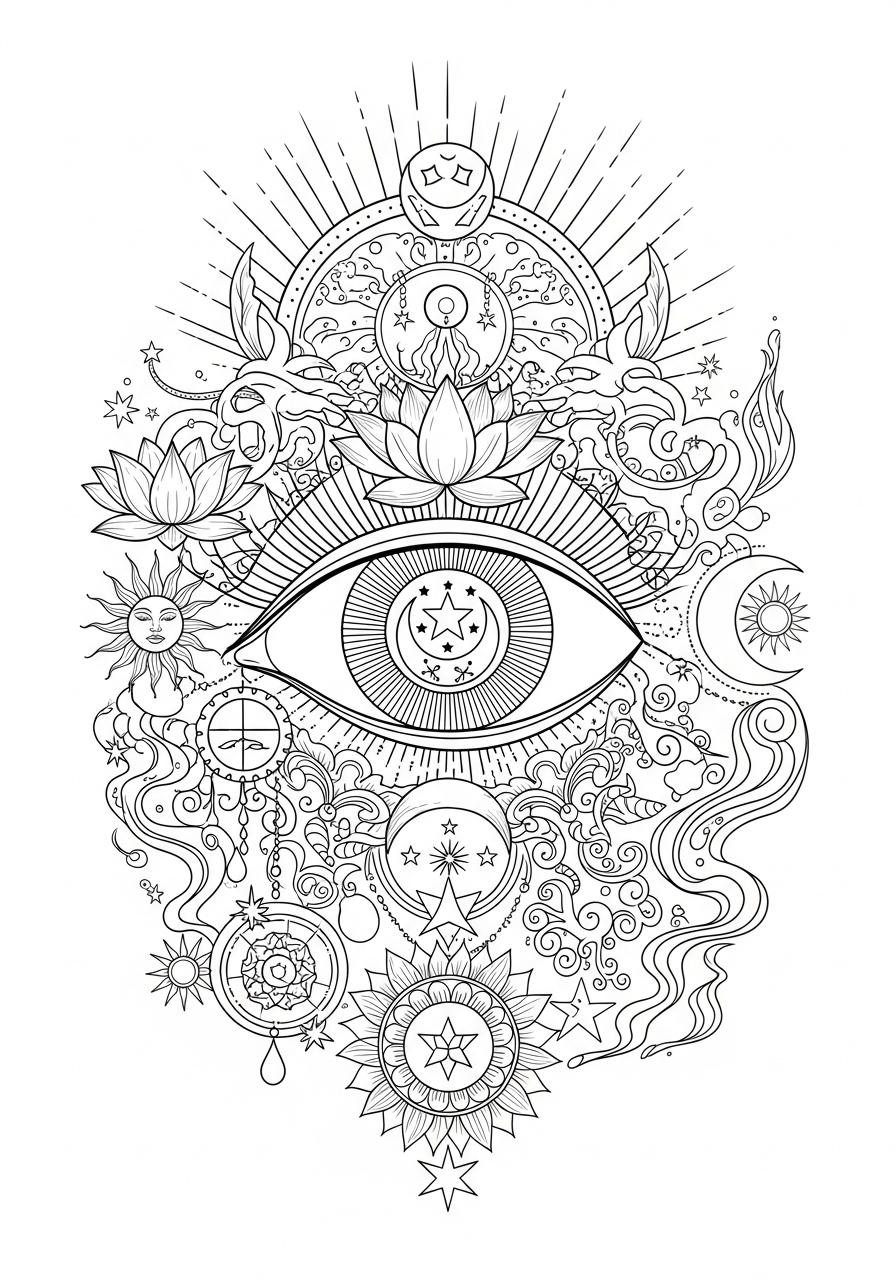 Desenho Aesthetic de olhos e símbolos místicos para colorir