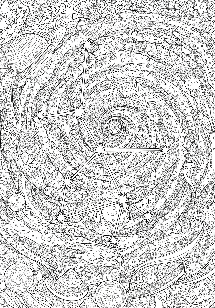 Desenho Aesthetic de galáxia com estrelas e planetas para colorir