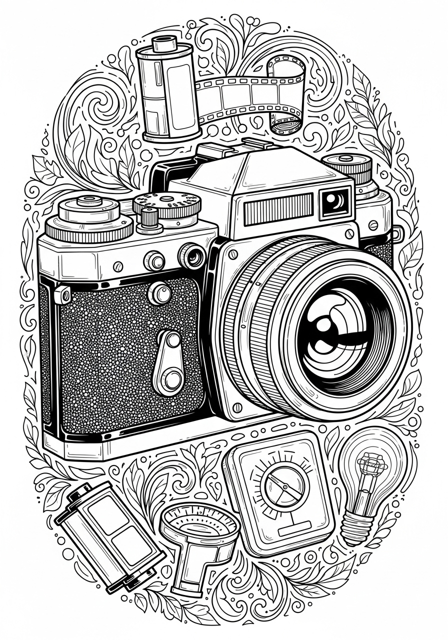 Desenho Aesthetic de câmera antiga rodeada por elementos