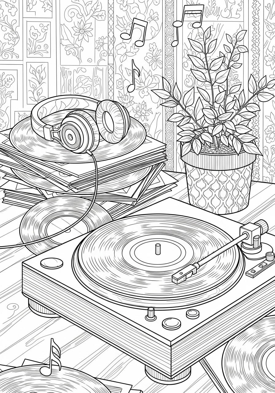 Desenho Aesthetic de vitrola com fones e plantas para colorir