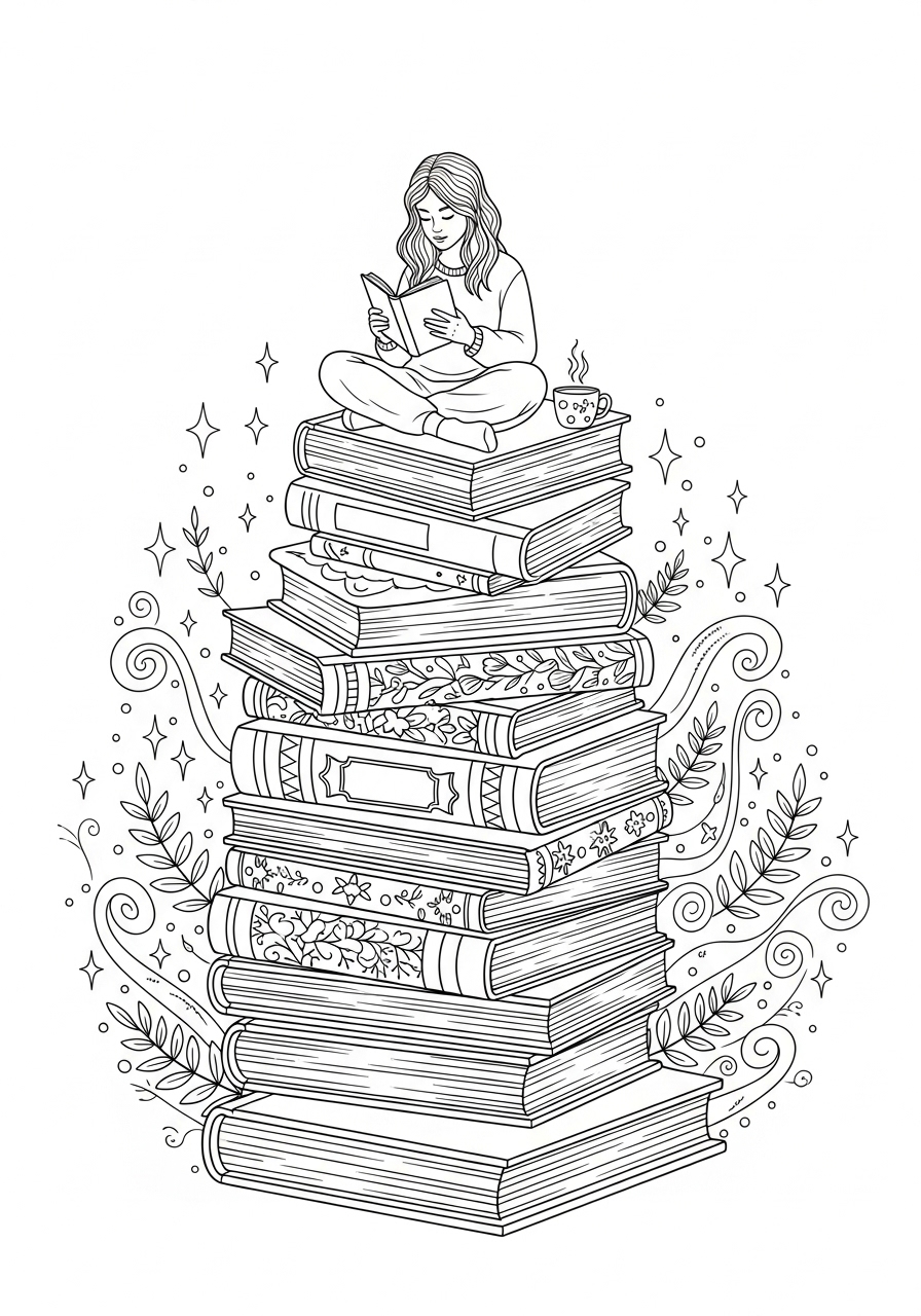 Desenho Aesthetic de uma menina lendo em cima de livros