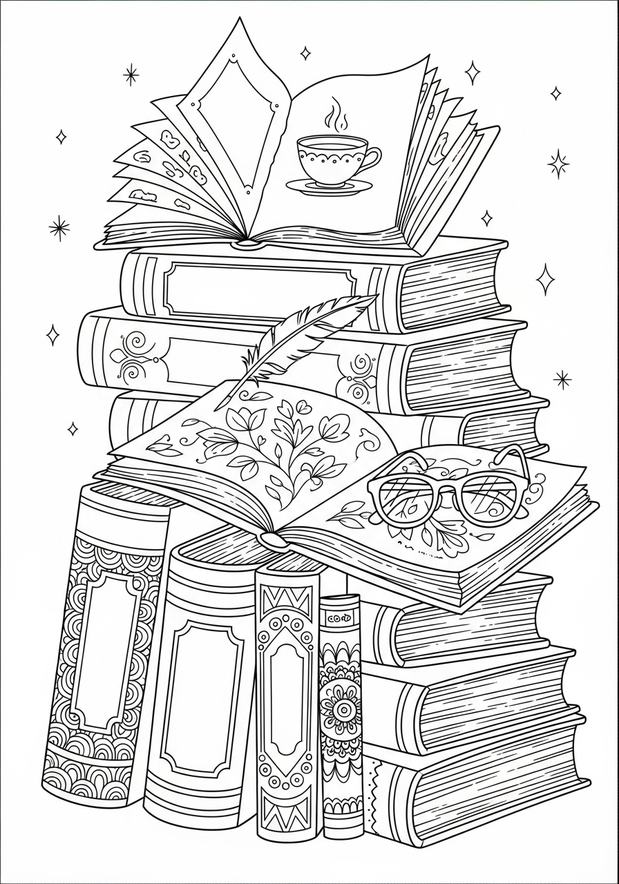 Desenho Aesthetic de pilha de livros e cadernos para colorir