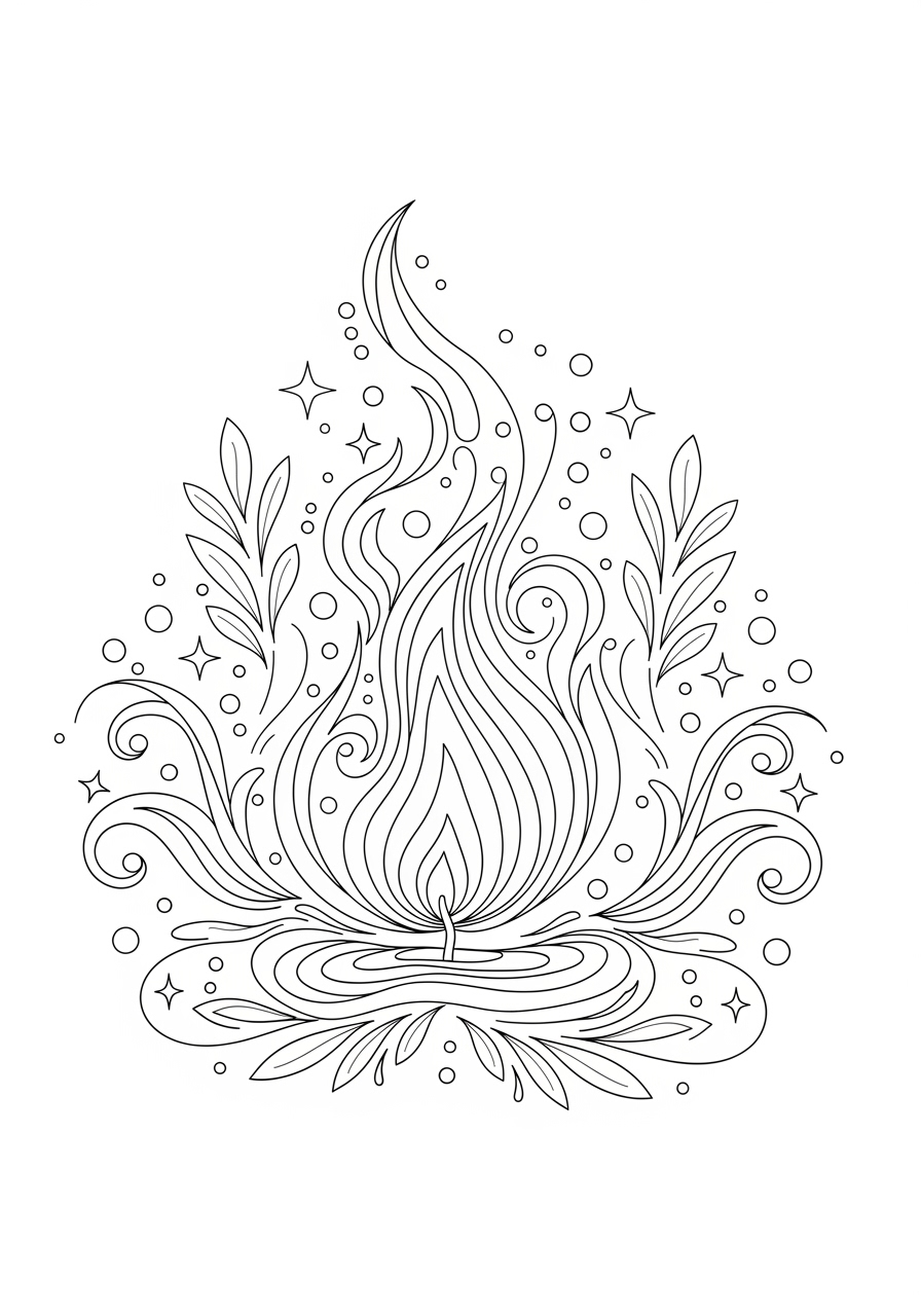 Desenho Aesthetic de chama com folhas para colorir