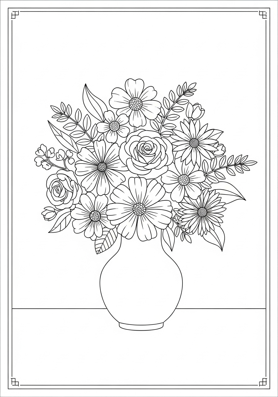 Desenho Aesthetic de flores em um vaso para colorir e imprimir