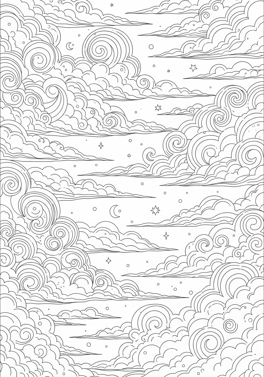 Desenho Aesthetic de nuvens e estrelas para colorir