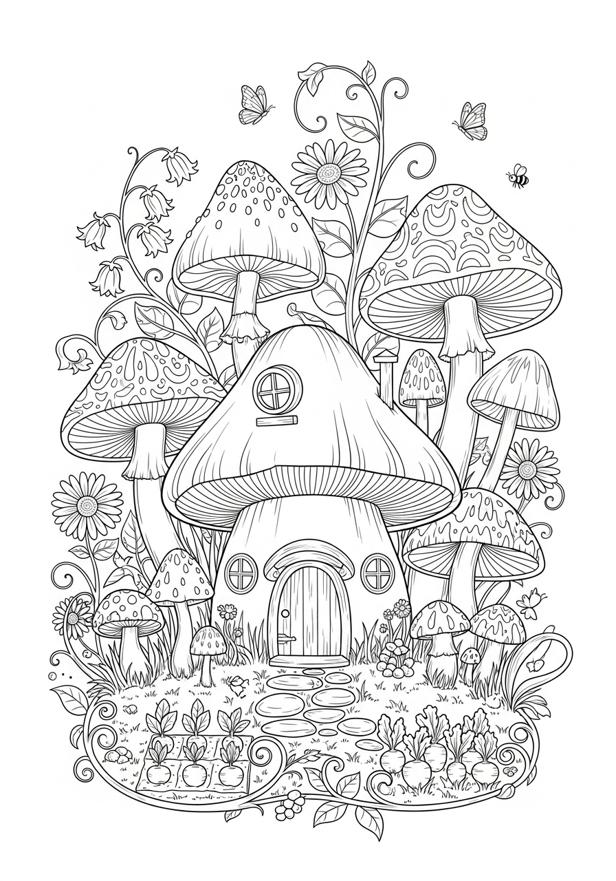 Desenho Aesthetic de casa de cogumelos com flores para colorir