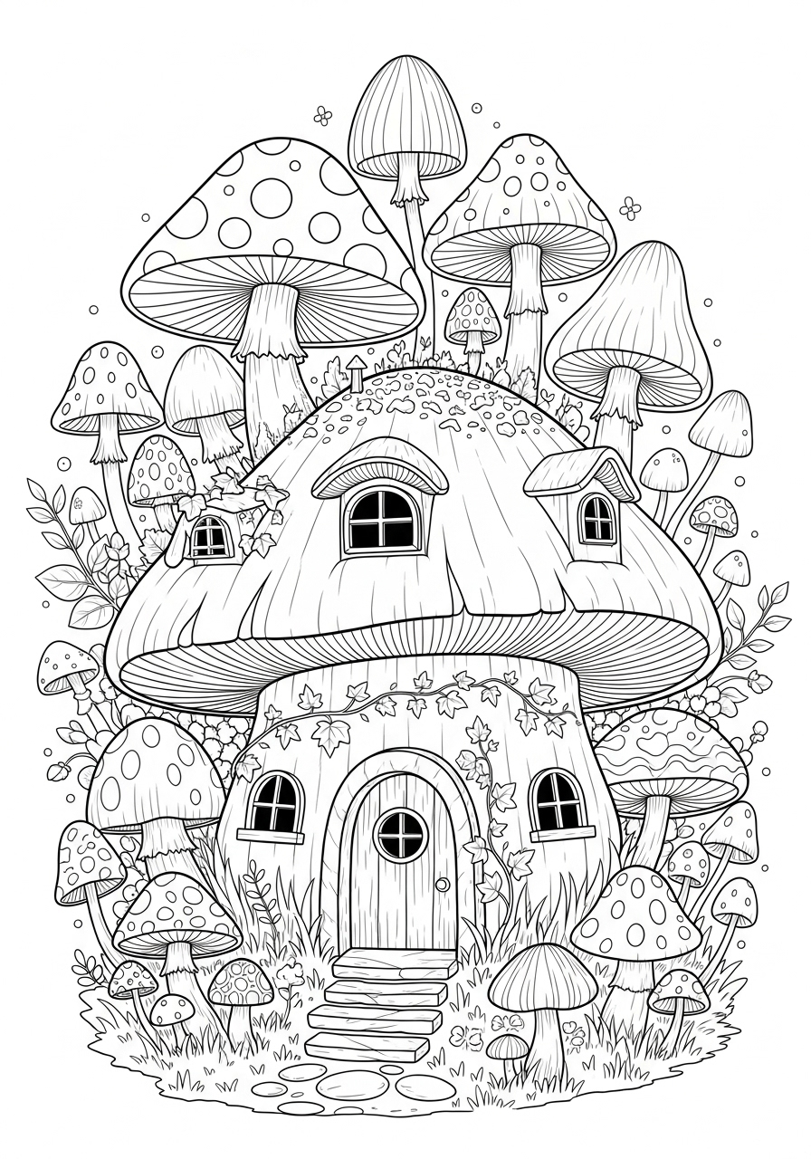 Desenho Aesthetic de casa com cogumelos para colorir