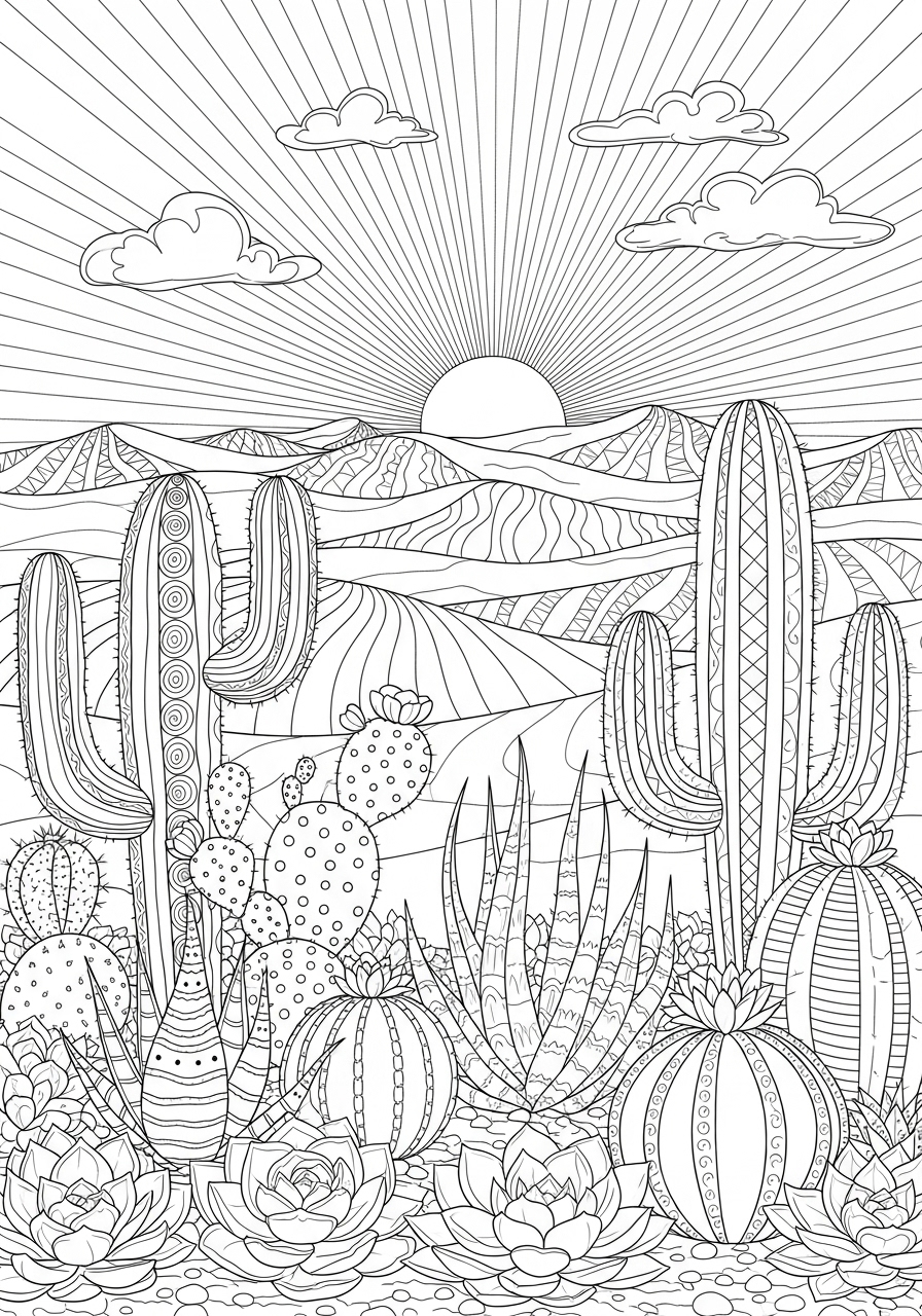 Desenho Aesthetic de cactos e montanhas para colorir