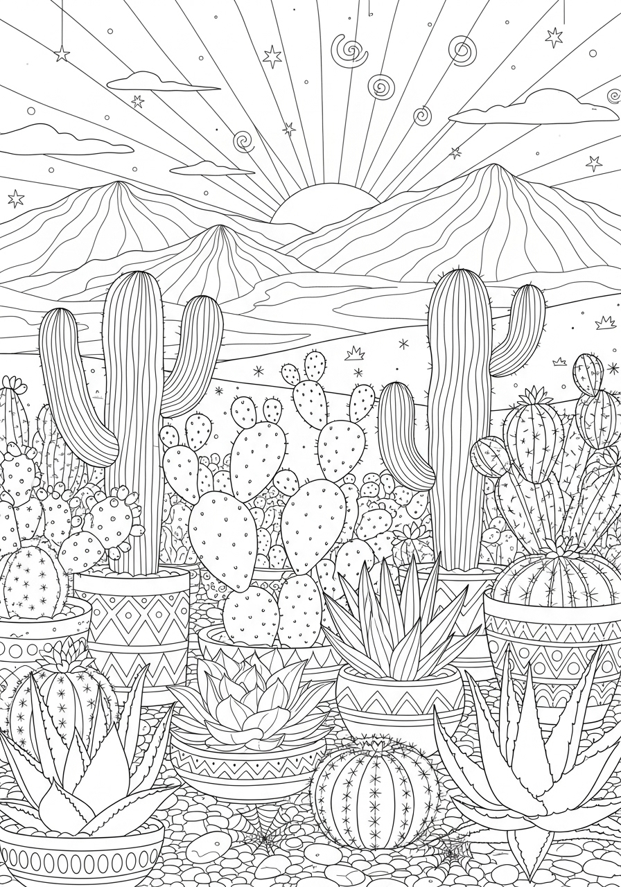 Desenho Aesthetic de cactos e plantas para colorir