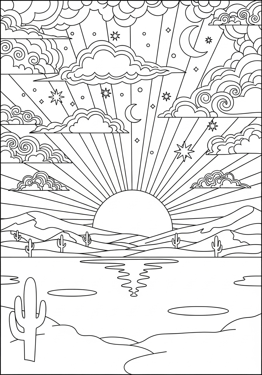 Desenho Aesthetic de pôr do sol e desertos para colorir
