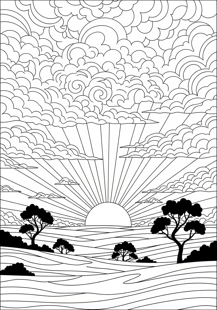 Desenho Aesthetic de paisagem com sol e nuvens para colorir
