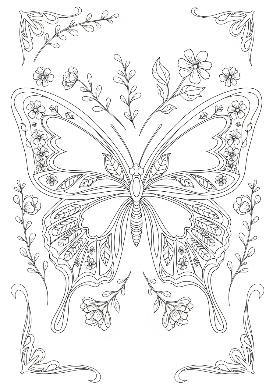 Desenho Aesthetic de borboleta com flores para colorir