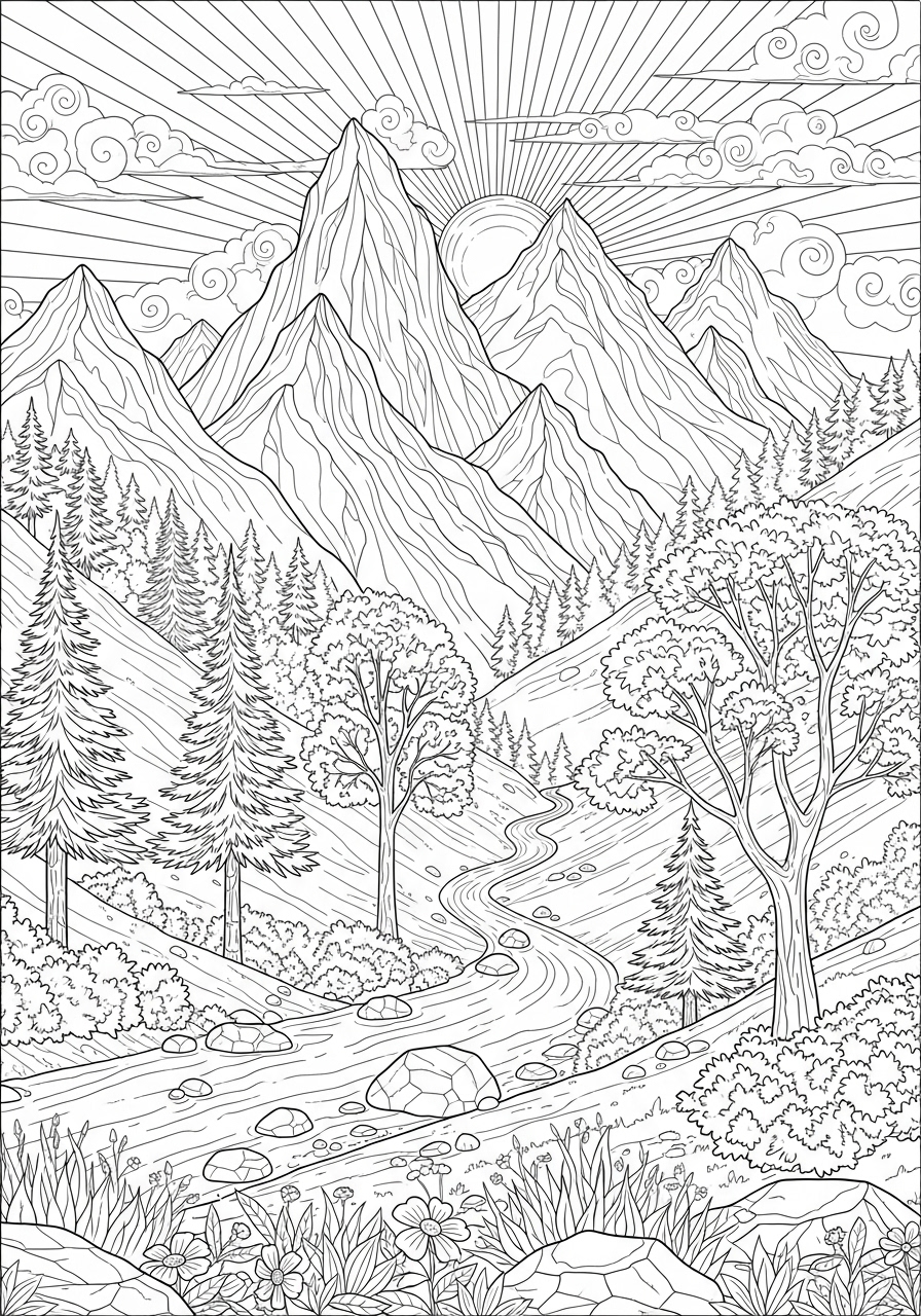 Desenho Aesthetic de paisagem montanhosa para colorir e imprimir
