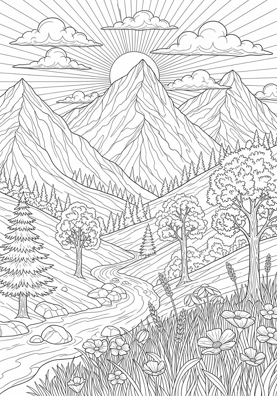 Desenho Aesthetic de paisagem montanhesca para colorir