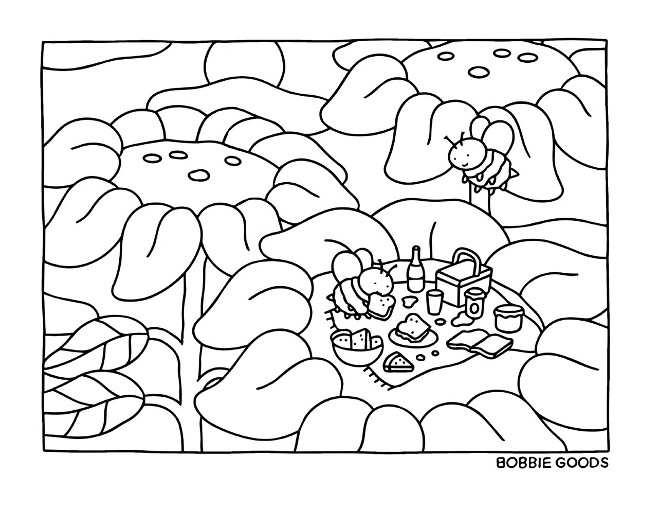 Desenho Bobbie Goods abelhas em flores para colorir