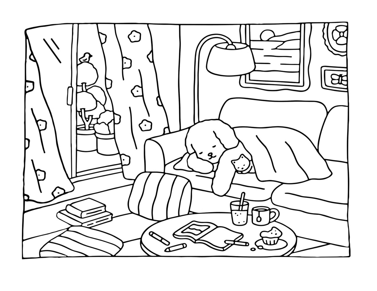 Desenho Bobbie Goods de um cachorro em um sofá para colorir