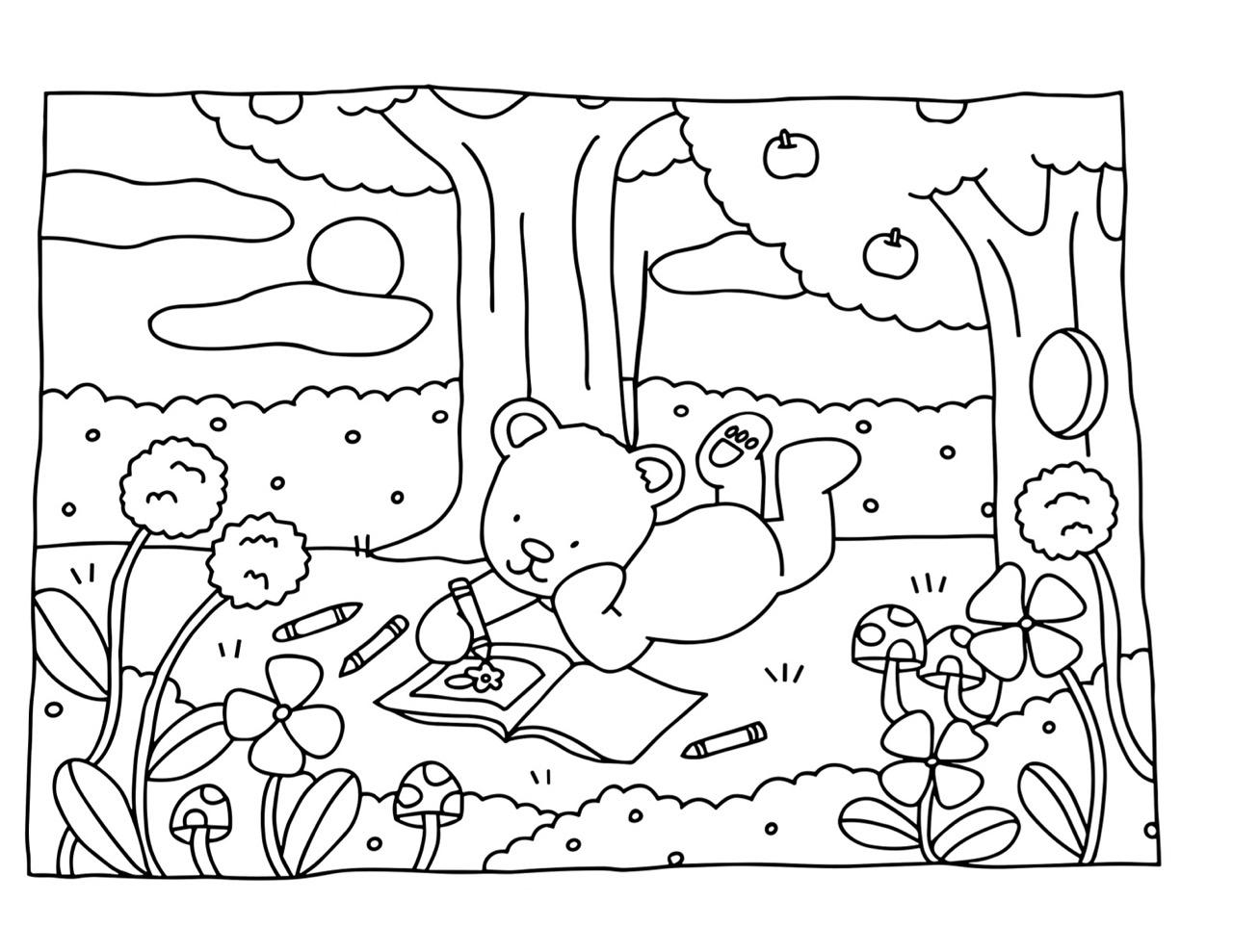 Desenho Bobbie Goods de urso colorindo ao ar livre