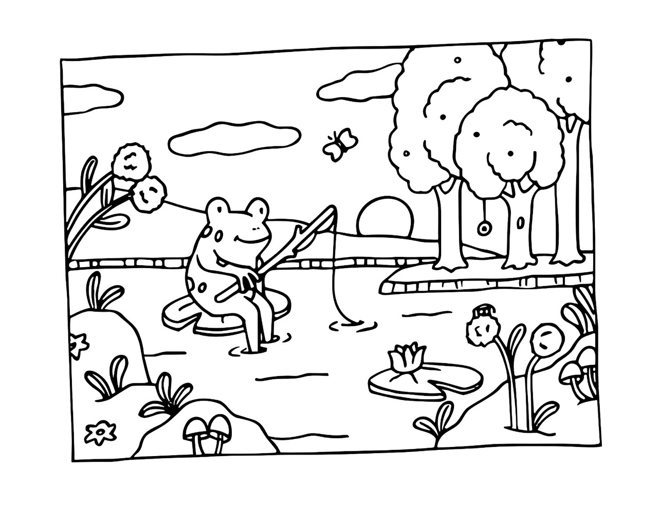 Desenho Bobbie Goods de sapo pescando na lagoa para colorir