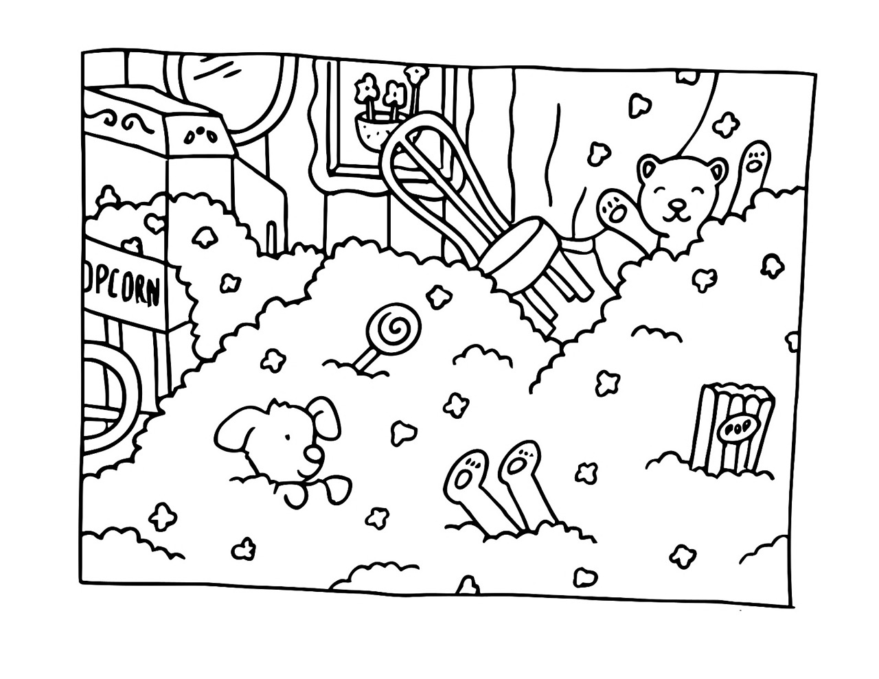 Desenho Bobbie Goods com animais entre pipocas para colorir