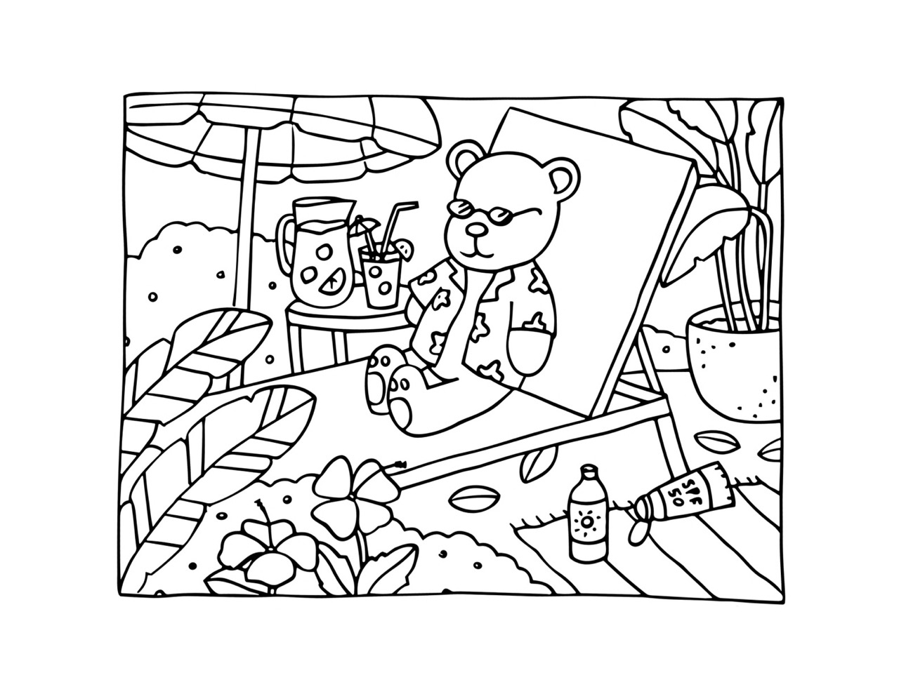 Desenho Bobbie Goods de urso em cadeira de sol para colorir