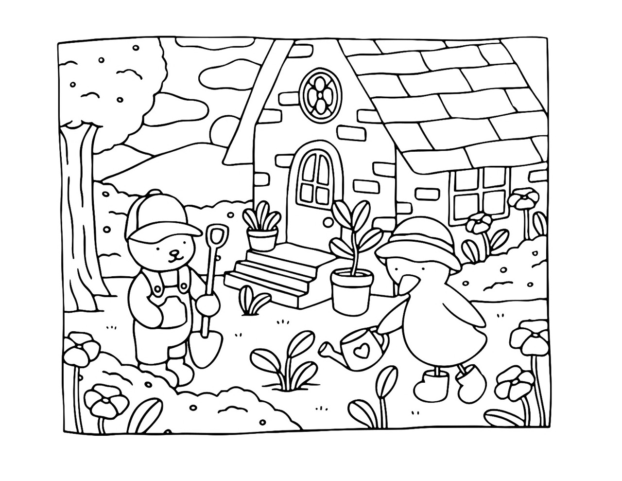 Desenho Bobbie Goods de urso e pato no jardim para colorir