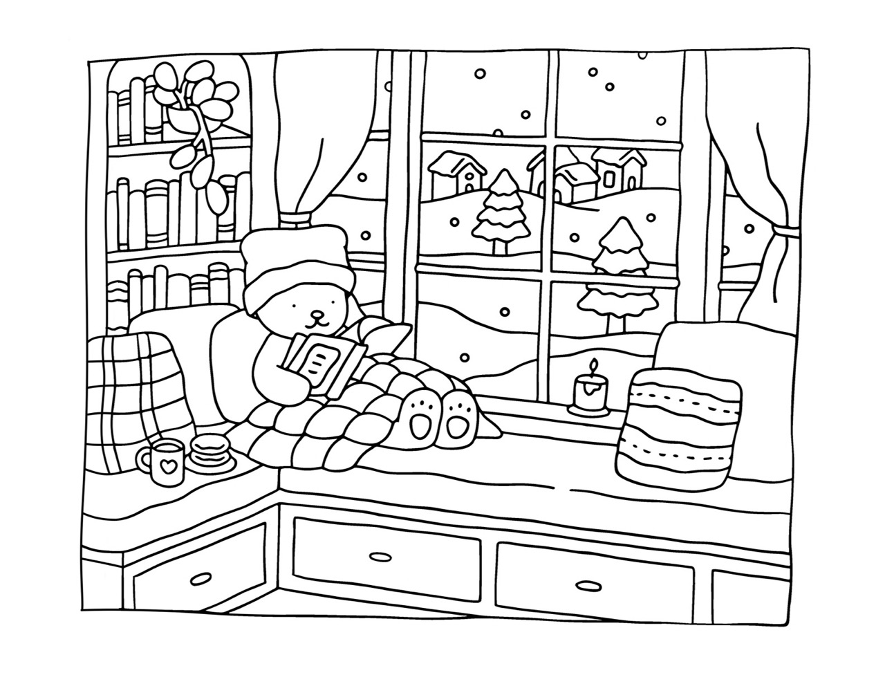 Desenho Bobbie Goods de urso lendo na janela para colorir