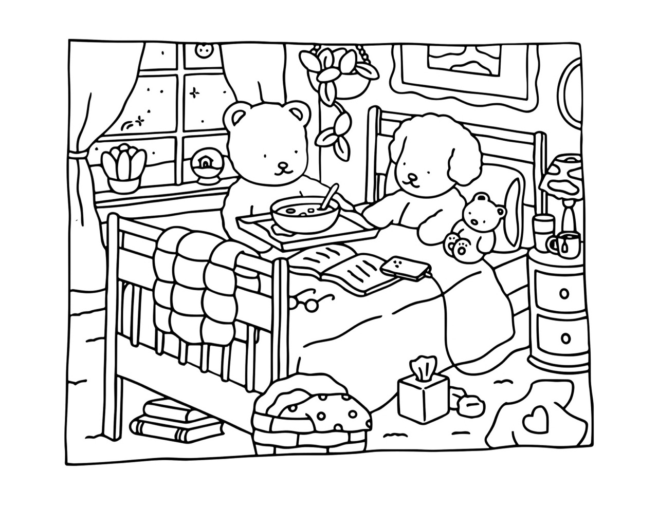 Desenho Bobbie Goods de animais na cama para colorir