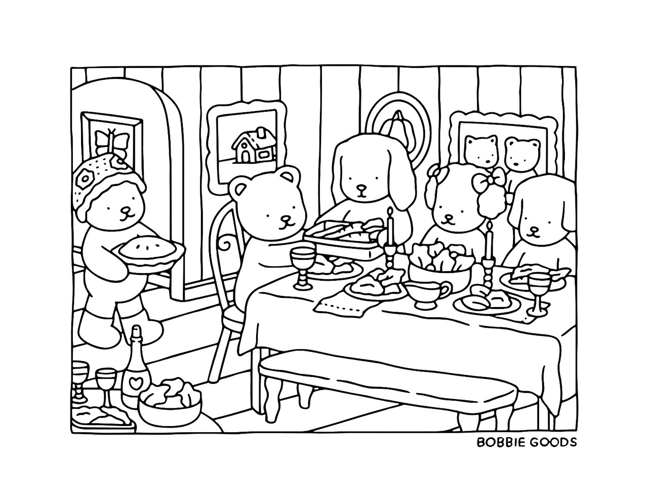 Desenho Bobbie Goods de urso e amigos à mesa para colorir