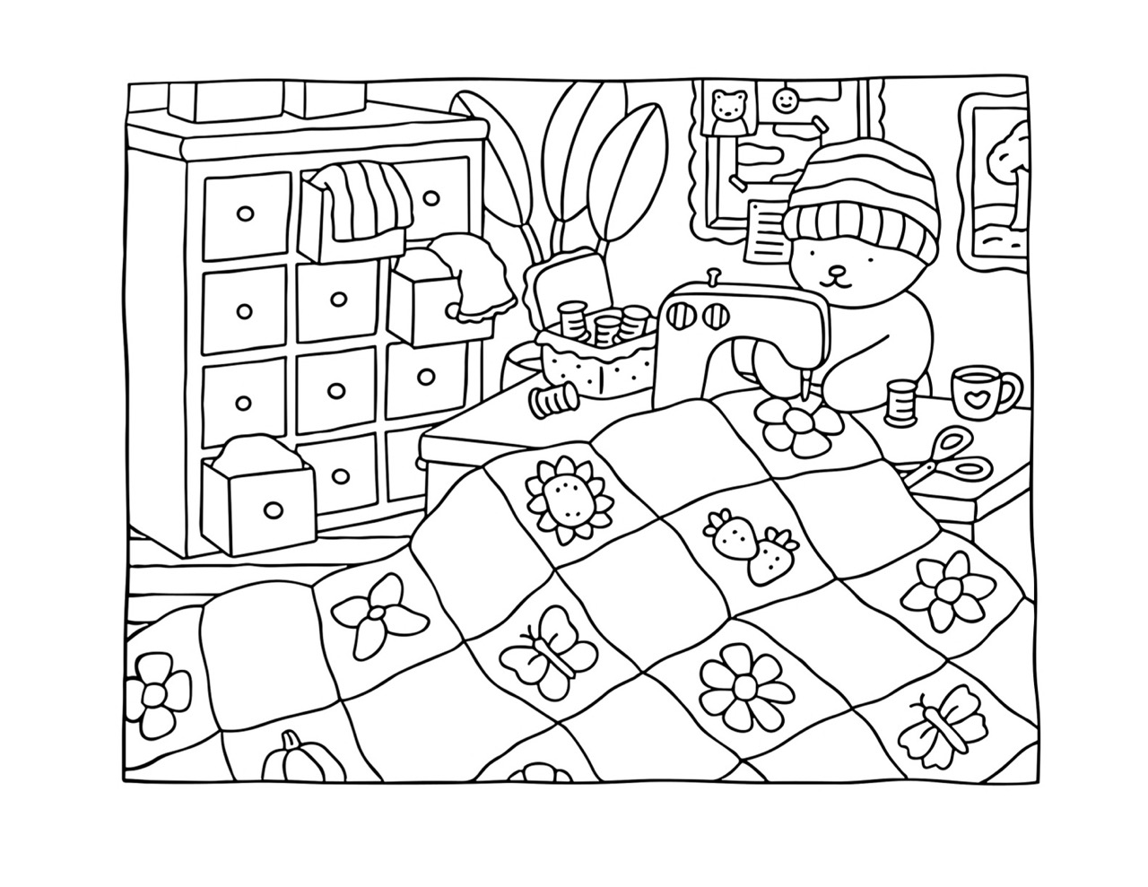 Desenho Bobbie Goods costurando em seu ateliê para colorir