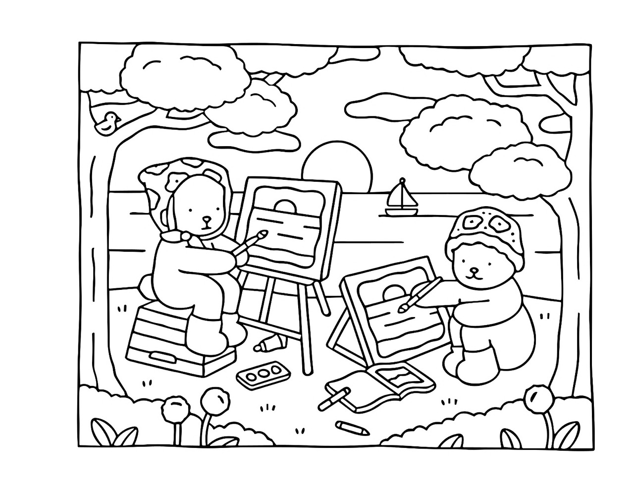 Desenho Bobbie Goods ursos pintando na natureza para colorir