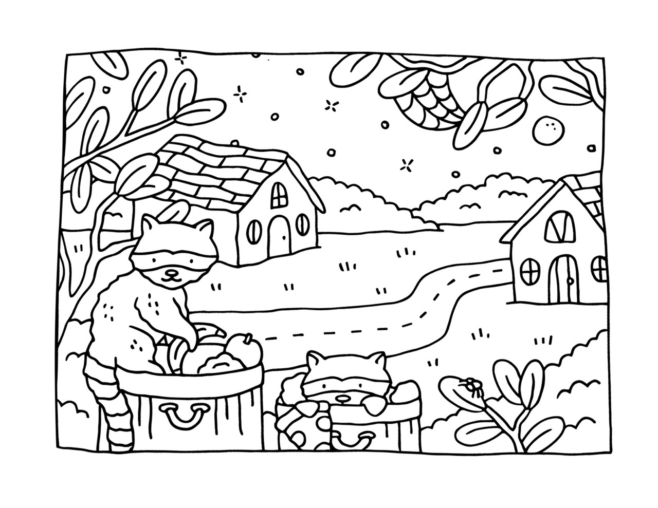 Desenho Bobbie Goods guaxinins em uma cena noturna para colorir