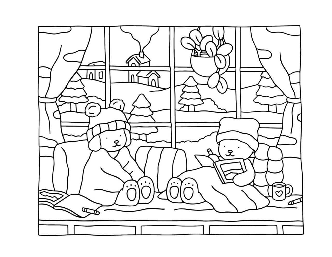 Desenho Bobbie Goods ursos lendo na janela para colorir