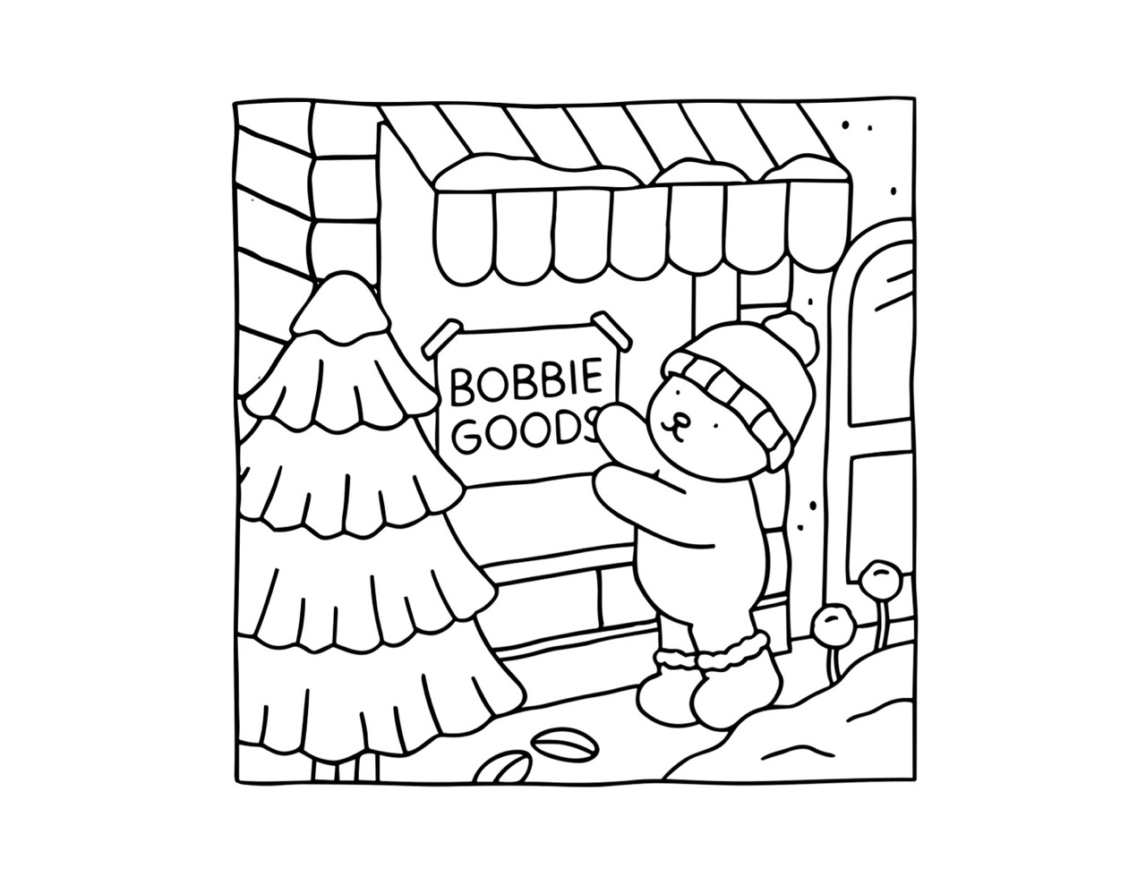 Desenho Bobbie Goods onde um urso abraça uma loja