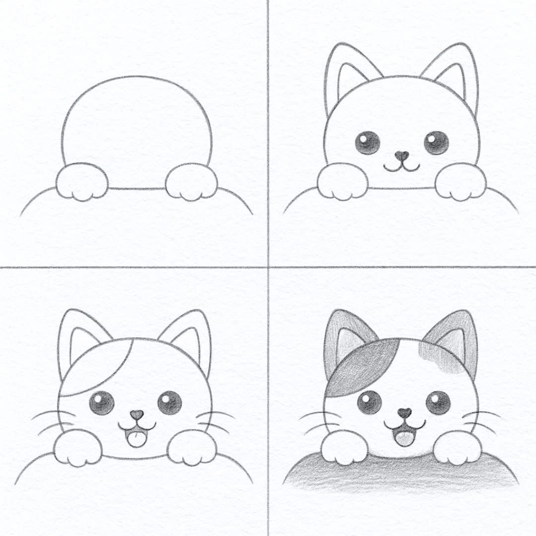 Desenhos Fáceis: Como desenhar um gato fofo a lápis
