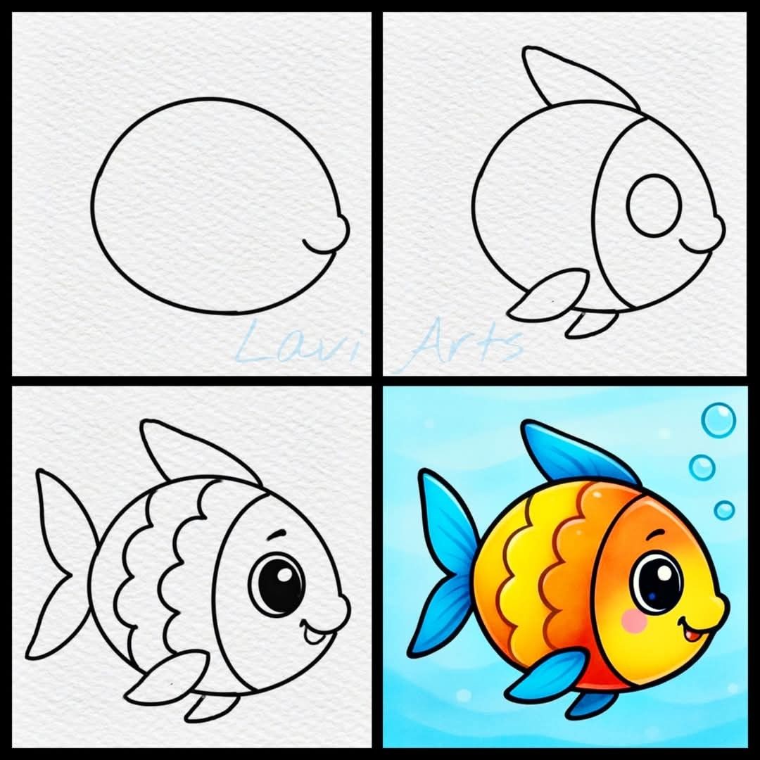 Desenhos Fáceis: Como desenhar um Peixe colorido e fofo