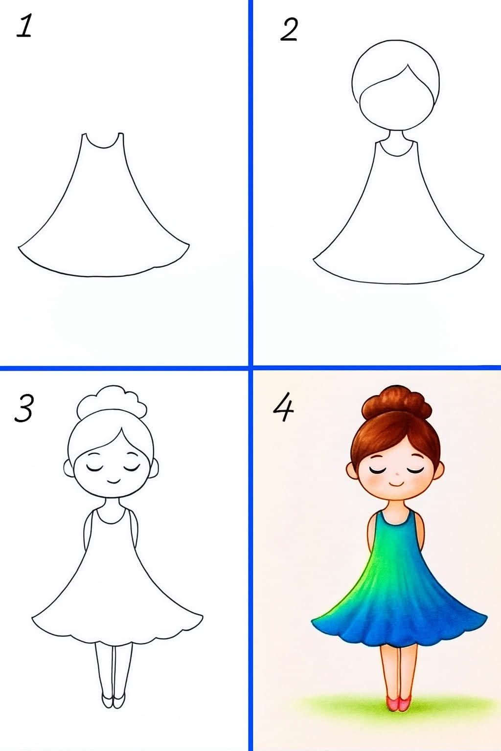 Desenhos Fáceis: Como desenhar uma Menina com vestido simples