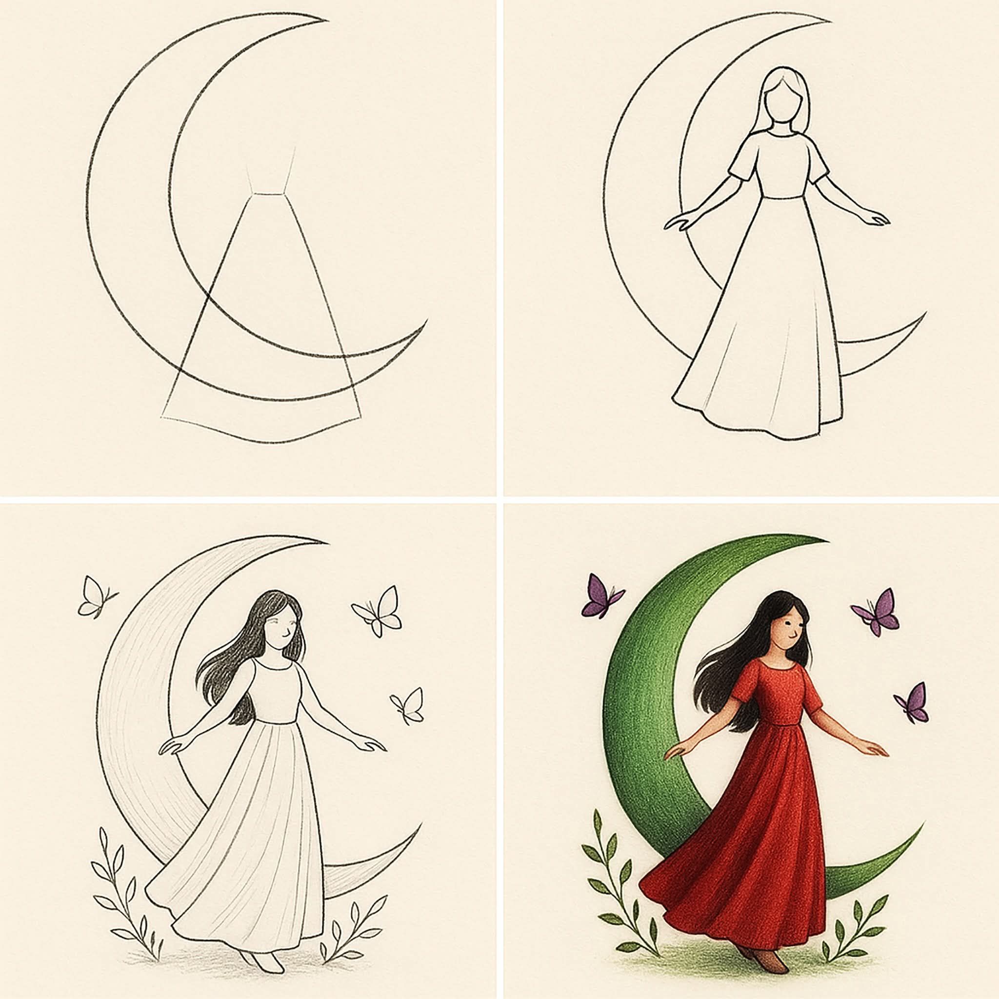 Desenhos Fáceis: Como desenhar uma jovem com lua