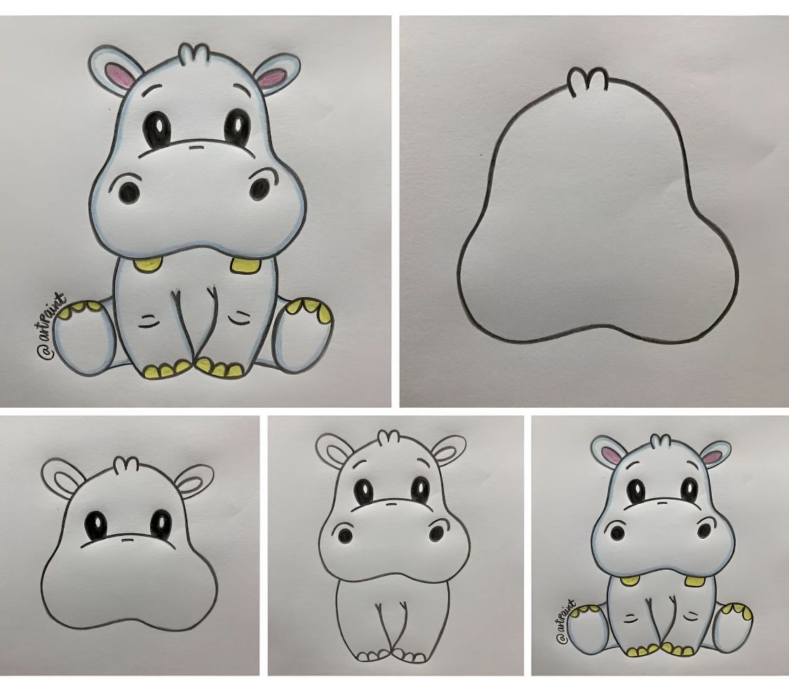 Desenhos Fáceis: Como desenhar um Hipopótamo fofo a lápis
