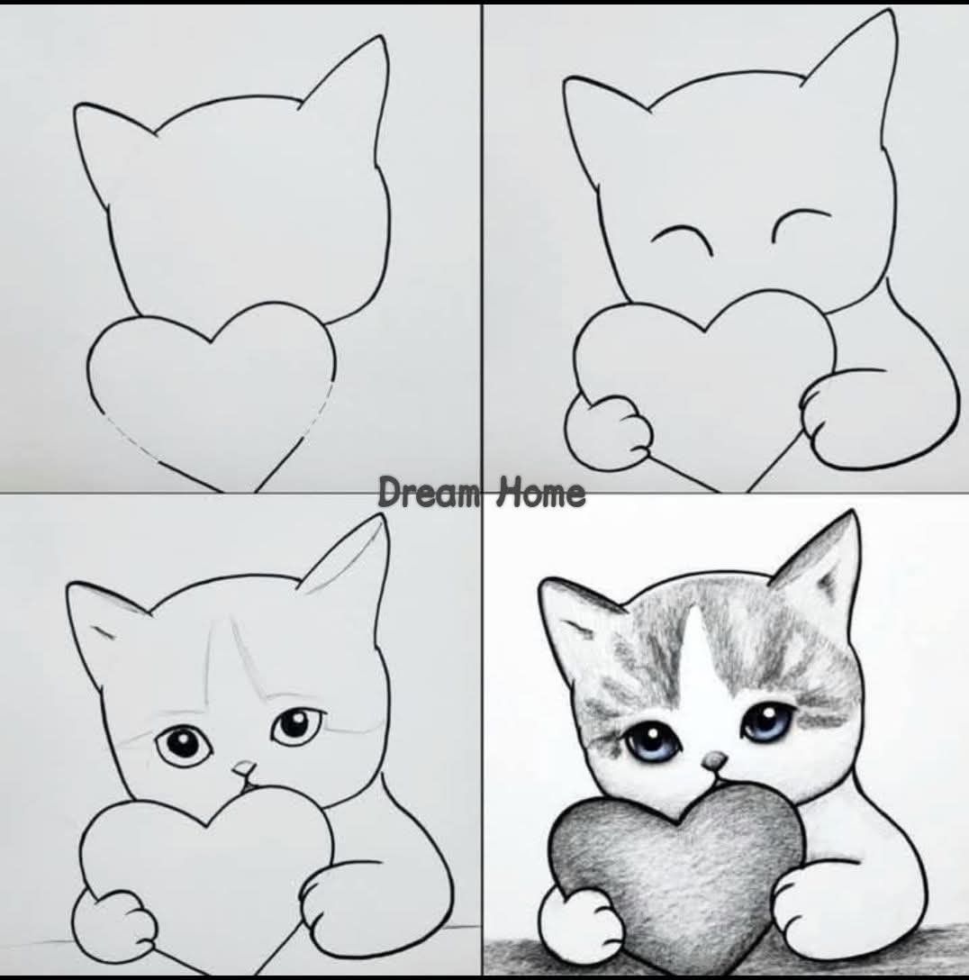 Desenhos Fáceis: Como desenhar um gato fofo com coração