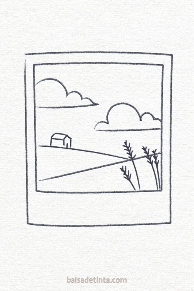 Desenho Fácil para Desenhar Uma paisagem com casa e nuvens