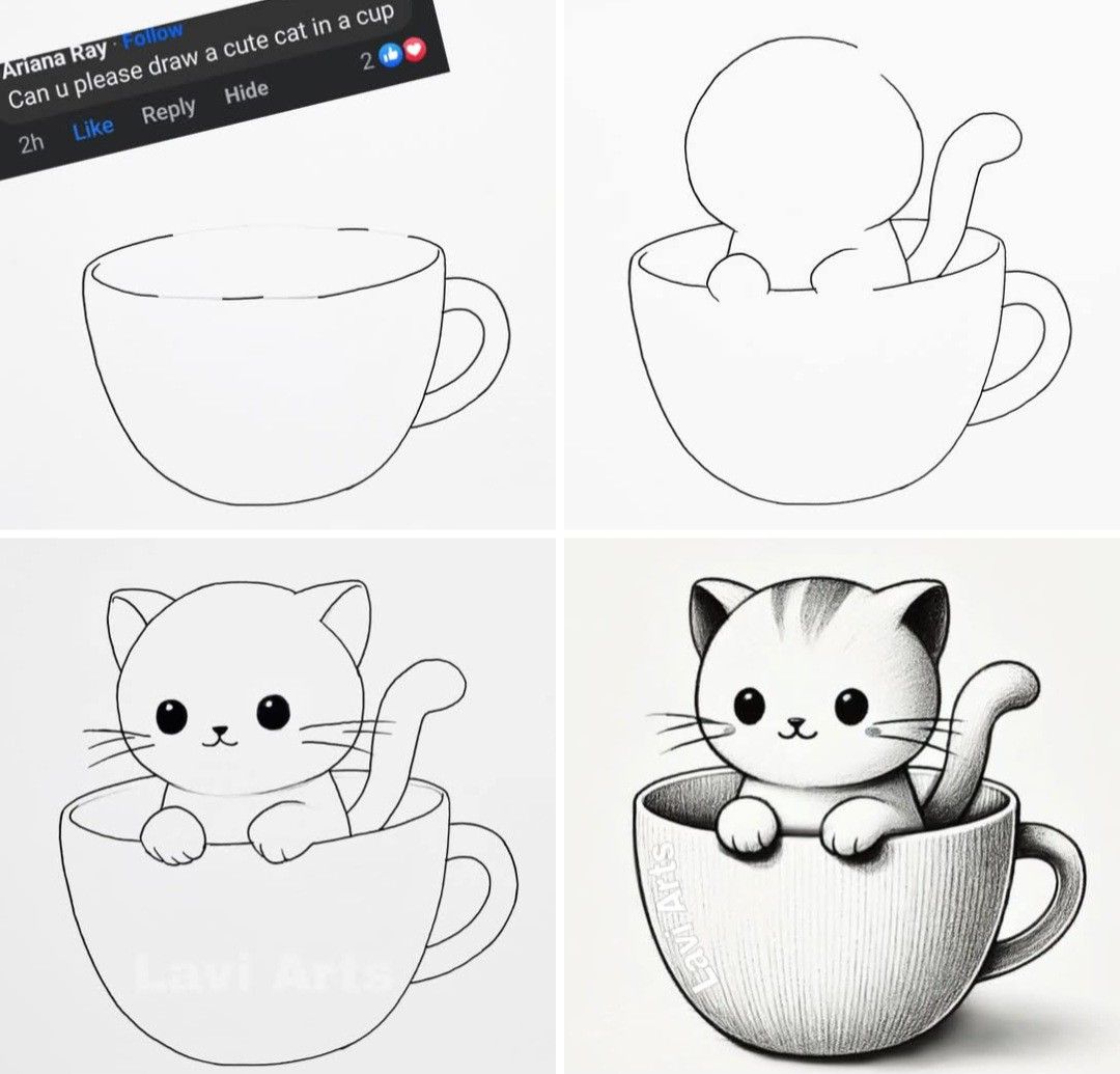 Desenhos Fáceis: Como desenhar um gato fofo em uma xícara